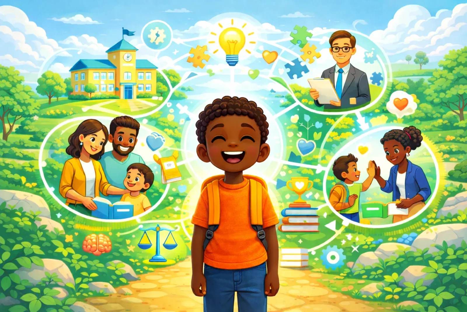 A child surrounded by parents, teachers, school, and values in a connected support system