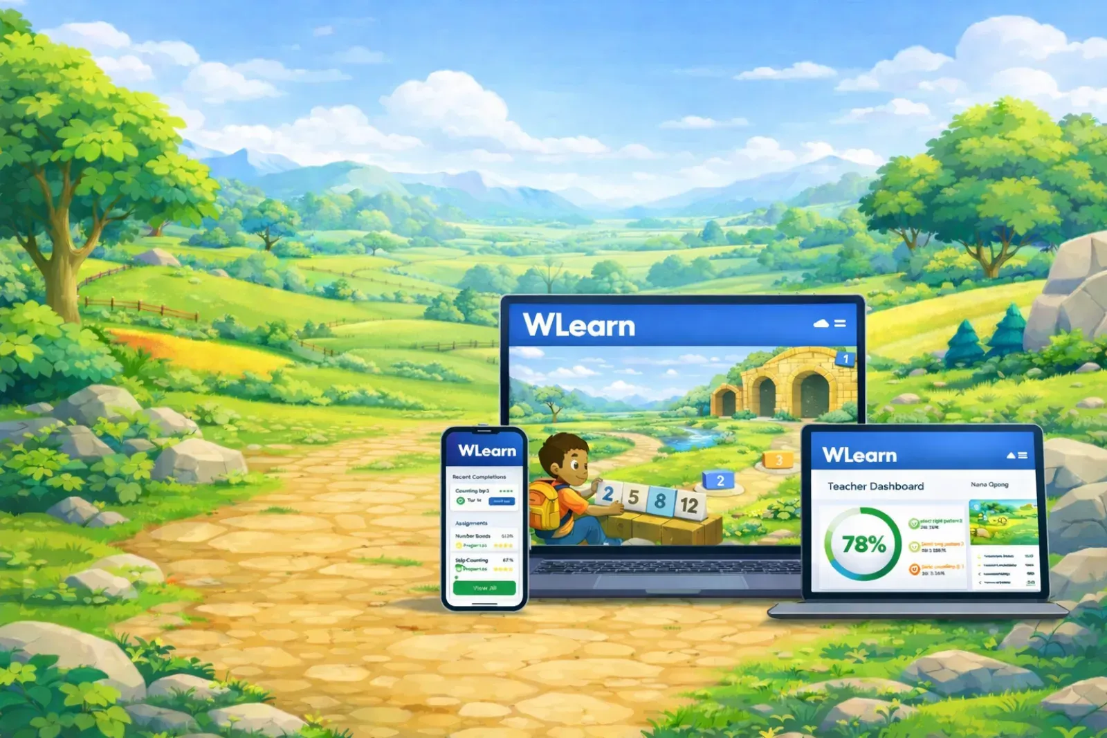 WLearn shown across a laptop, tablet, and phone in a nature-themed learning world