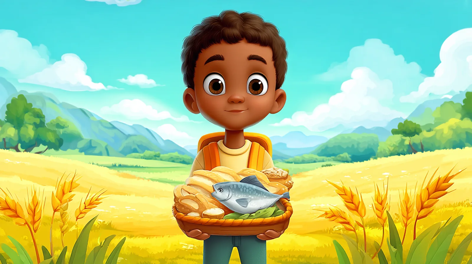 A child carrying a basket of bread and fish with soft cloud-like white edges