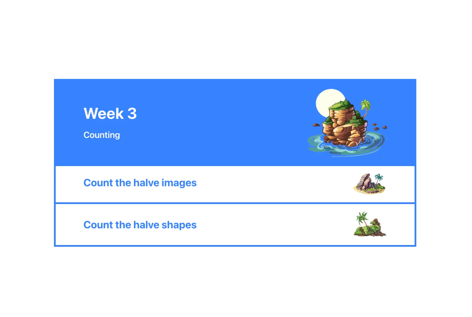 A WLearn adventure screen with week three counting activities and island rewards