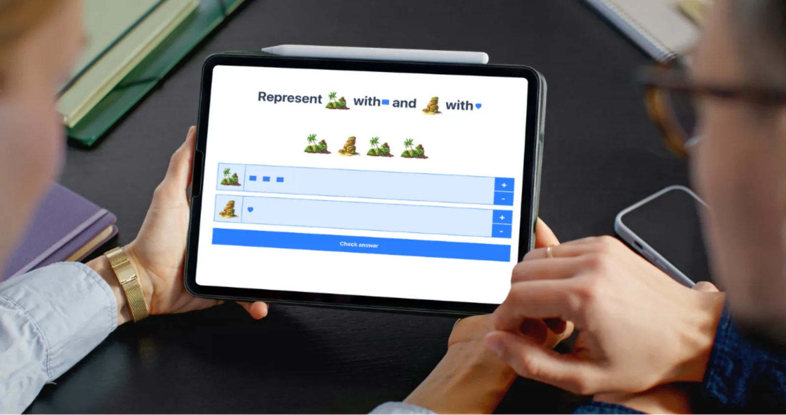 Students using a tablet with a WLearn activity during a hybrid lesson