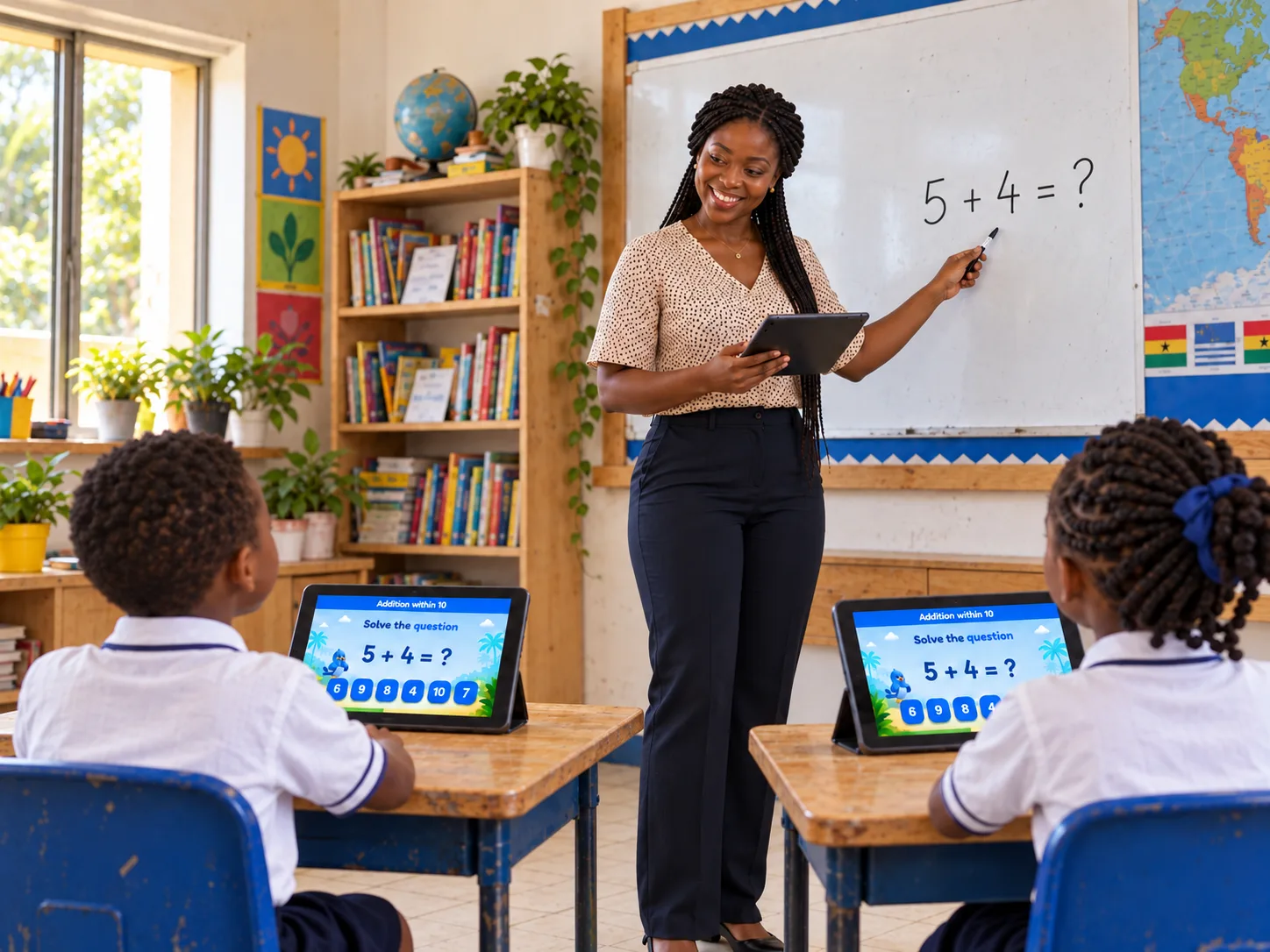 Teacher guiding students who are learning with WLearn on tablets
