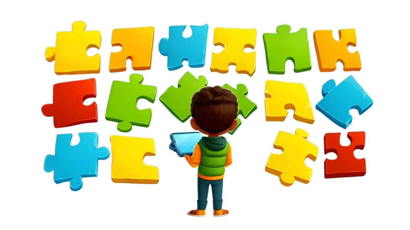A child solving colorful puzzle shapes in a clean WLearn-inspired learning scene