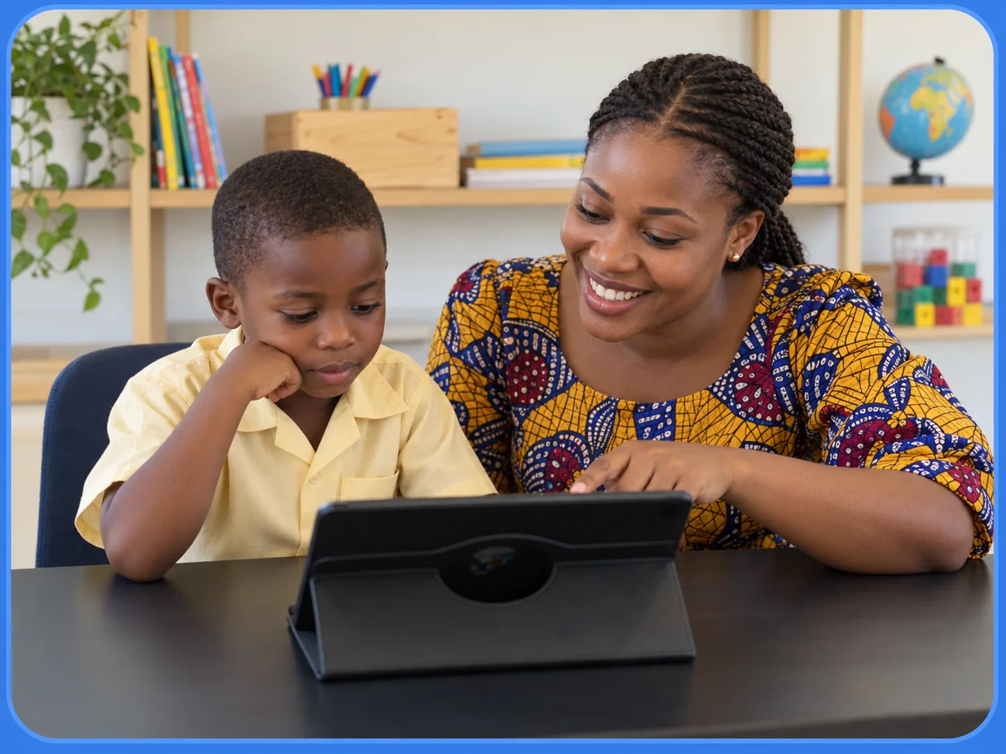 Teacher guiding a student through a WLearn activity on a tablet